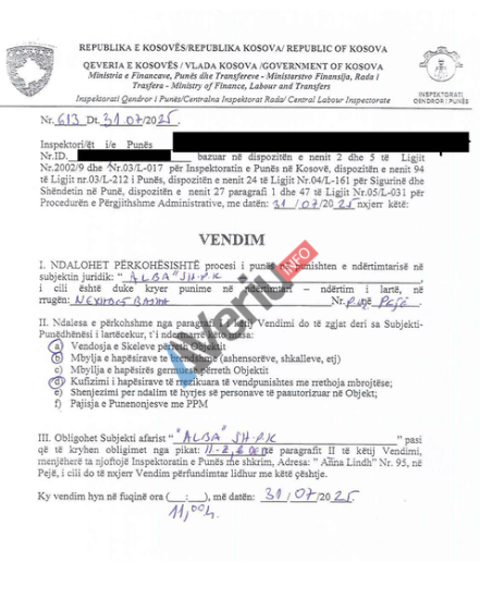 Kompania ALBA e Valdet  Deçani dhe Sejfullah Deçani kapet duke ndërtuar banesa pa skele  inspektorati i ndaloi punimet për rrezikim të punëtorëve